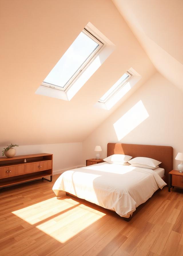 Bright attic bedroom with skylights and oak floors