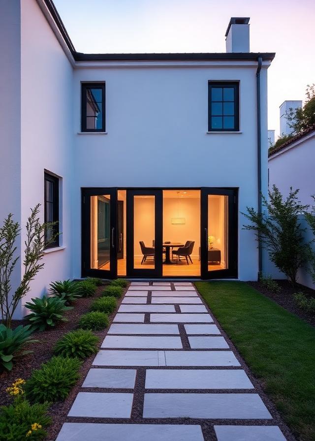Modern white home exterior with courtyard at dusk