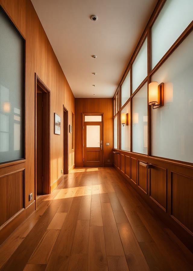 Warm hallway with wide oak flooring and sconce lighting
