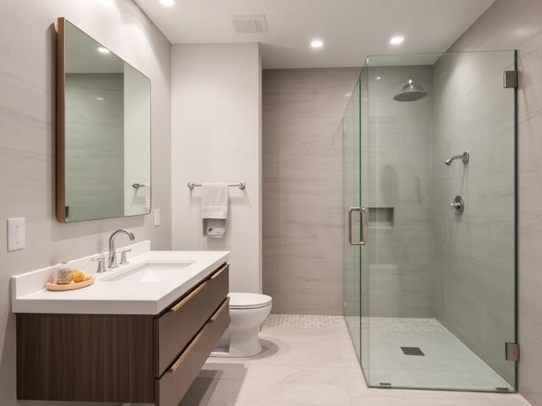 Renovated bathroom with walk-in shower and floating vanity