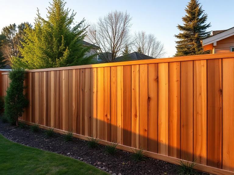 New cedar fence along a landscaped backyard
