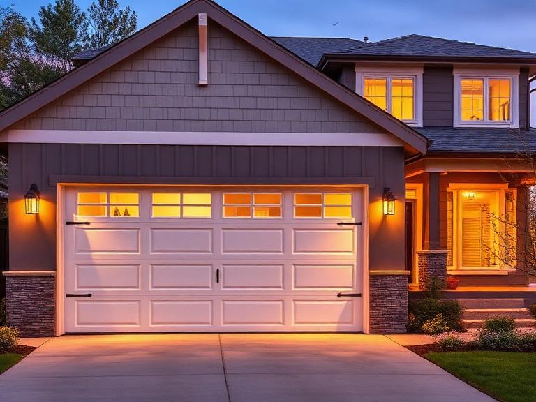 New garage door on a modern home at dusk