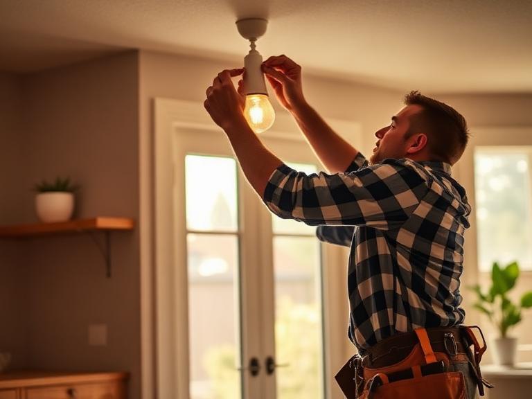 Handyman installing a ceiling light fixture