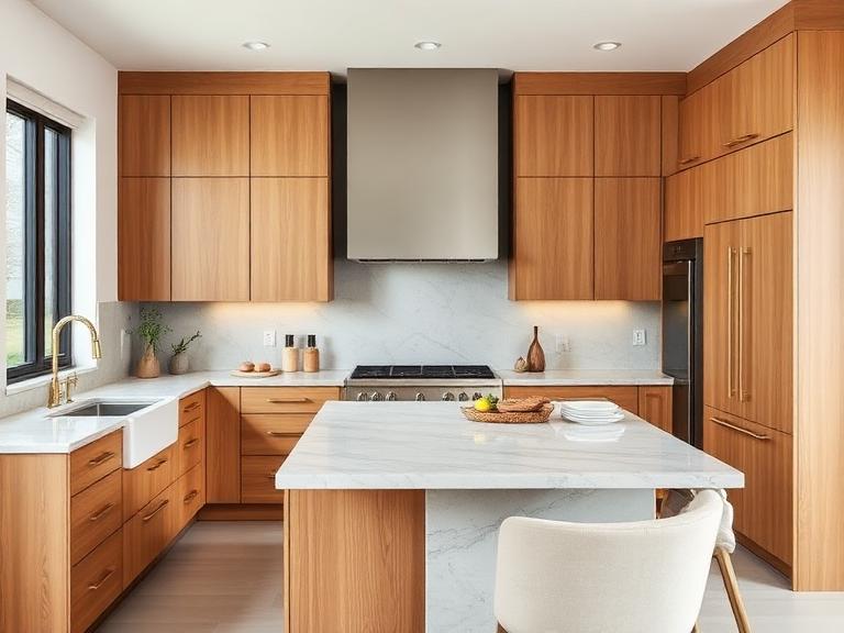 Modern kitchen with oak cabinetry and stone island