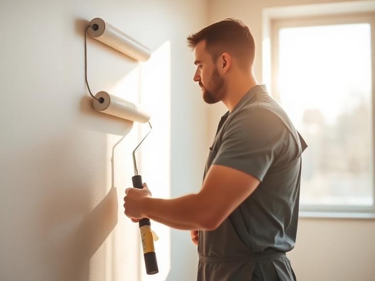 Painter rolling fresh paint onto an interior wall
