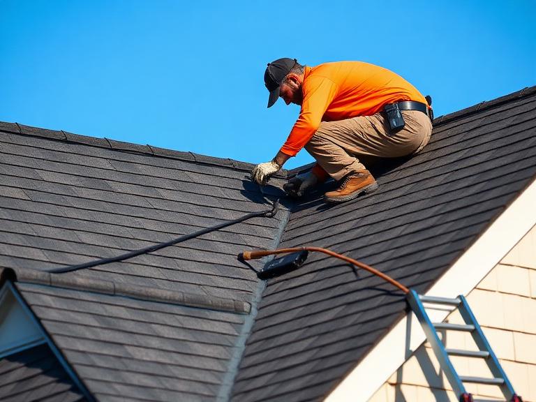 Roofer installing new shingles on a residential roof
