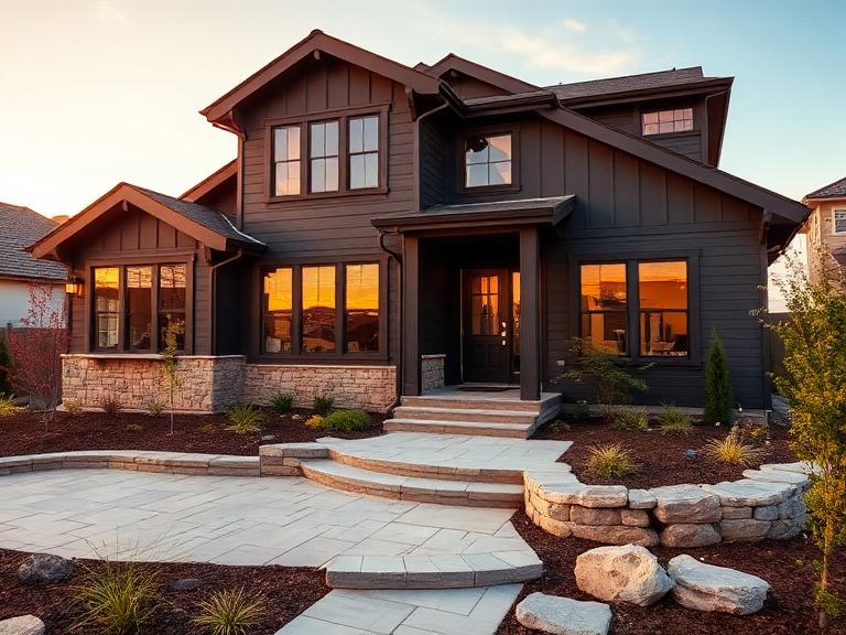 Home exterior with new siding, stone patio and landscaping