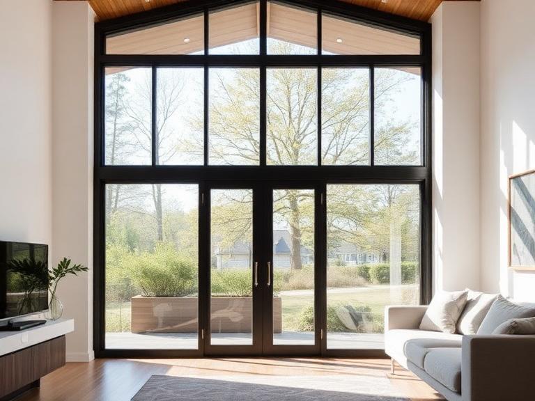 Large black-framed windows and glass doors in a bright living room