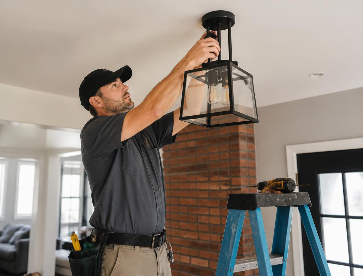 Contractor installing a ceiling light fixture in a home